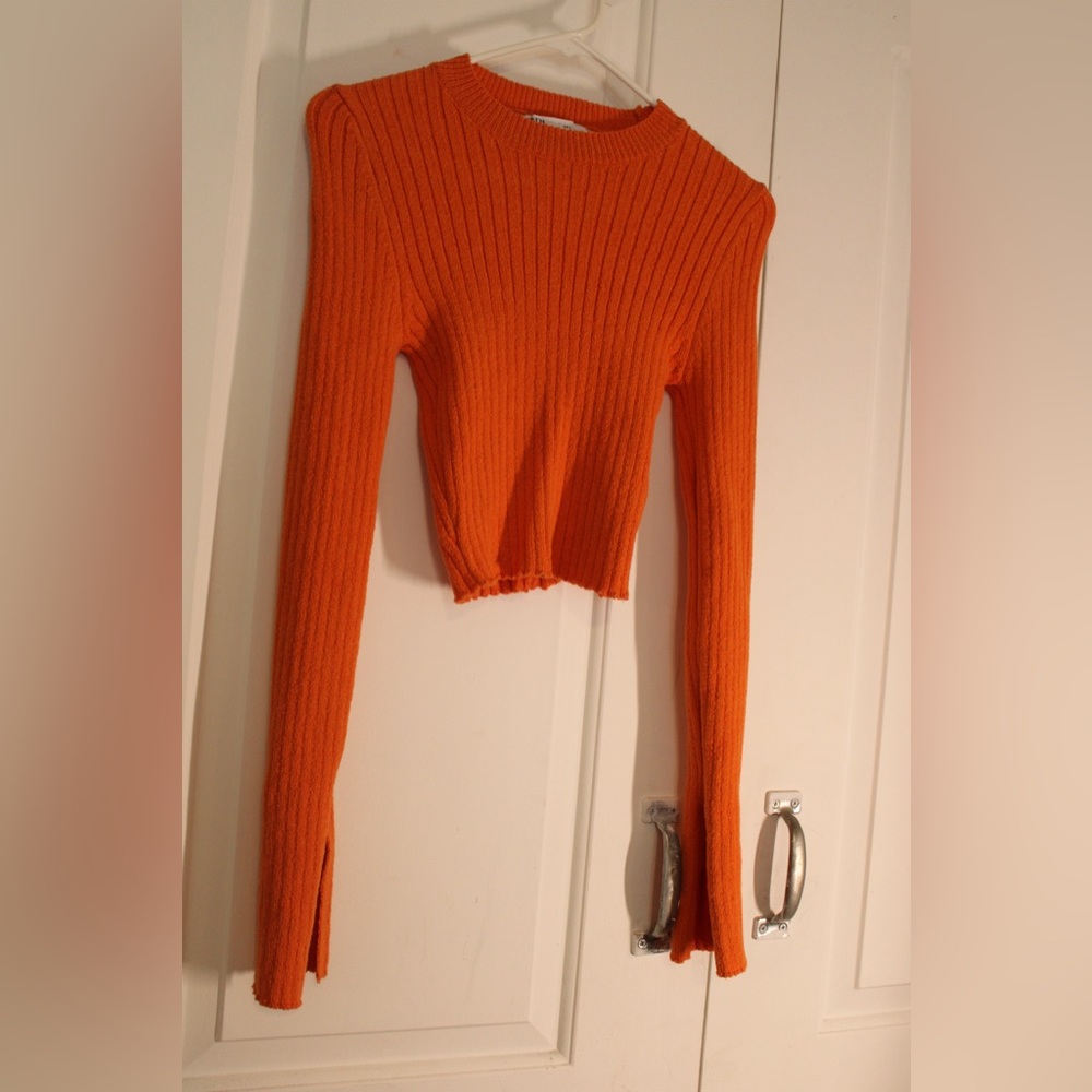 Zara Ribbed Long-Sleeve Cropped Sweater in Bright Orange - Picture 3 of 7